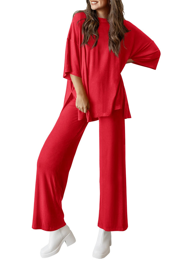 PRETTYGARDEN Women's 2 Piece Outfits Casual Short Sleeve Pullover Tops and Wide Leg Pants Lounge Sets Tracksuits