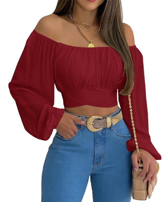 MIRACMODA Woman Off Shoulder Ruched Tie Back Crop Top Summer Lantern Sleeve Boho Shirt Blouse