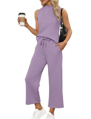 SAMPEEL Two Piece Sets for Women Summer Outfits Lounge Sets Mock Neck Tops Wide Leg Crop Pants Vacation Travel Outfits