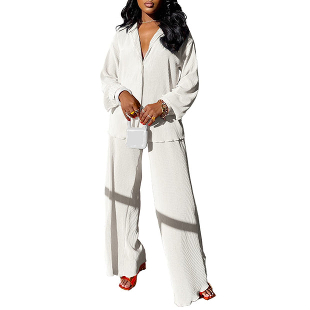 kaimimei Casual 2 Piece Outfit for Women - Linen Long Sleeve Button Down Shirt + Flare Pleated Wide Leg Pants Sets Streetwear