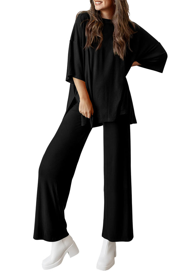 PRETTYGARDEN Women's 2 Piece Outfits Casual Short Sleeve Pullover Tops and Wide Leg Pants Lounge Sets Tracksuits