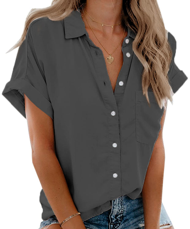 Beautife Womens Short Sleeve Shirts V Neck Collared Button Down Shirt Tops with Pockets
