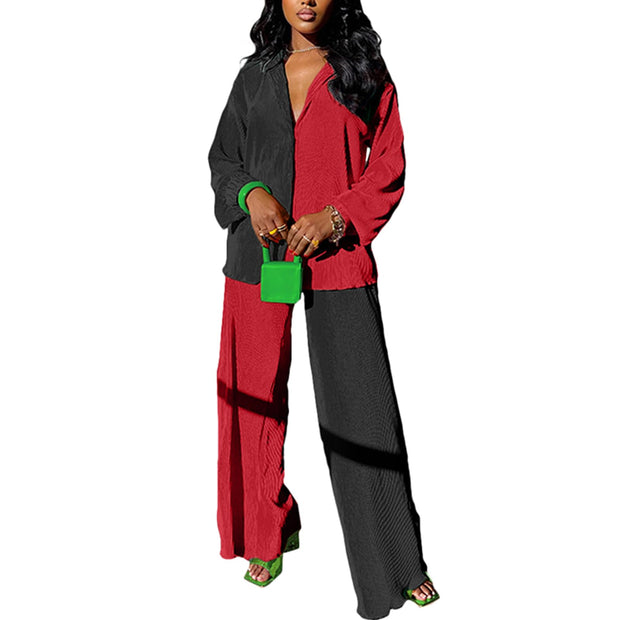 kaimimei Casual 2 Piece Outfit for Women - Linen Long Sleeve Button Down Shirt + Flare Pleated Wide Leg Pants Sets Streetwear