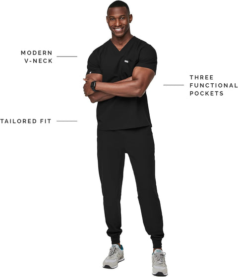FIGS Leon Scrub Top for Men – 3 Pockets, Tailored Fit, Modern V-Neck, 4-Way Stretch, Moisture-Wicking Men's Scrubs