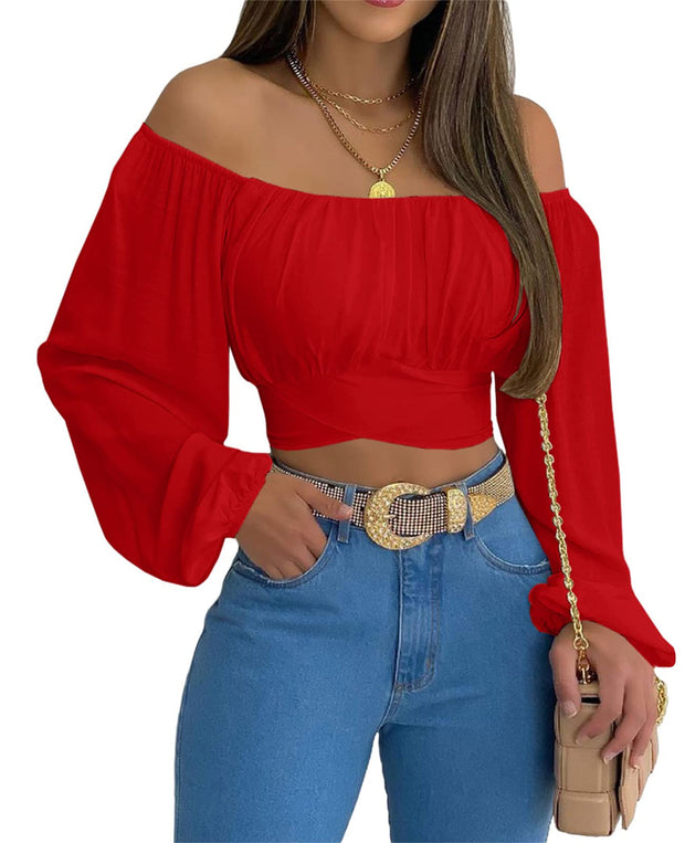 MIRACMODA Woman Off Shoulder Ruched Tie Back Crop Top Summer Lantern Sleeve Boho Shirt Blouse