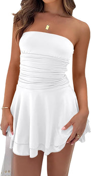 Women Sexy Tube Top Silk Dress Strapless Ruched Basque Waist Ruffle Layer Mini Dress Jumpsuit Party Dresses