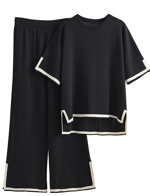 Tanming Sweater Sets Women 2 Piece Lounge Sets Short Sleeve Knit Pullover Tops Wide Leg Pants
