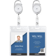 Will Well ID Badge Holders with Clip and Keyring - Horizontal Clear Plastic 2.52" x 3.58" Sleeves Fit Up to 3 Cards - Retractable 24" UHMWPE Fiber Pull Cords for Easy Access - 2-Pack, Black Reels
