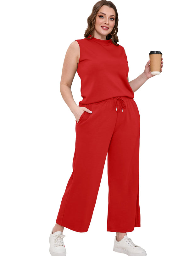 SAMPEEL Two Piece Sets for Women Summer Outfits Lounge Sets Mock Neck Tops Wide Leg Crop Pants Vacation Travel Outfits
