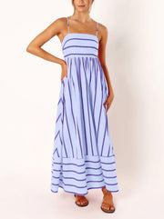 chouyatou Women's Striped Back Smocked Maxi Dress Sexy Spaghetti Strap Cut Out Flowy Swing Long Dress (Small, Apricot)