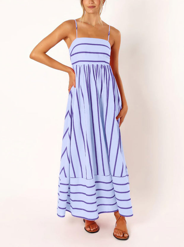 chouyatou Women's Striped Back Smocked Maxi Dress Sexy Spaghetti Strap Cut Out Flowy Swing Long Dress (Small, Apricot)