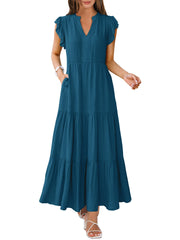 ANRABESS Womens Summer Casual Maxi Dress V Neck Ruffle Sleeve Long Dresses Fashion Flowy Tiered Boho Beach Vacation Sundress Black Large