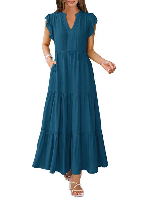 ANRABESS Womens Summer Casual Maxi Dress V Neck Ruffle Sleeve Long Dresses Fashion Flowy Tiered Boho Beach Vacation Sundress Black Large