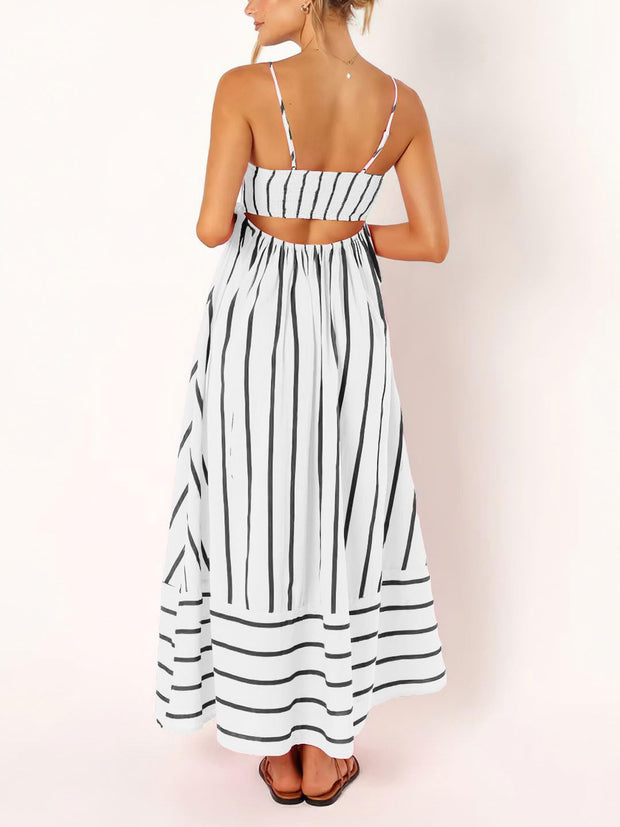 chouyatou Women's Striped Back Smocked Maxi Dress Sexy Spaghetti Strap Cut Out Flowy Swing Long Dress (Small, Apricot)