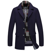 INVACHI Men's Wool Blend Pea Coat Warm Winter Trench Coat with Detachable Soft Scarf Single Breasted Overcoat