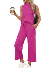 SAMPEEL Two Piece Sets for Women Summer Outfits Lounge Sets Mock Neck Tops Wide Leg Crop Pants Vacation Travel Outfits