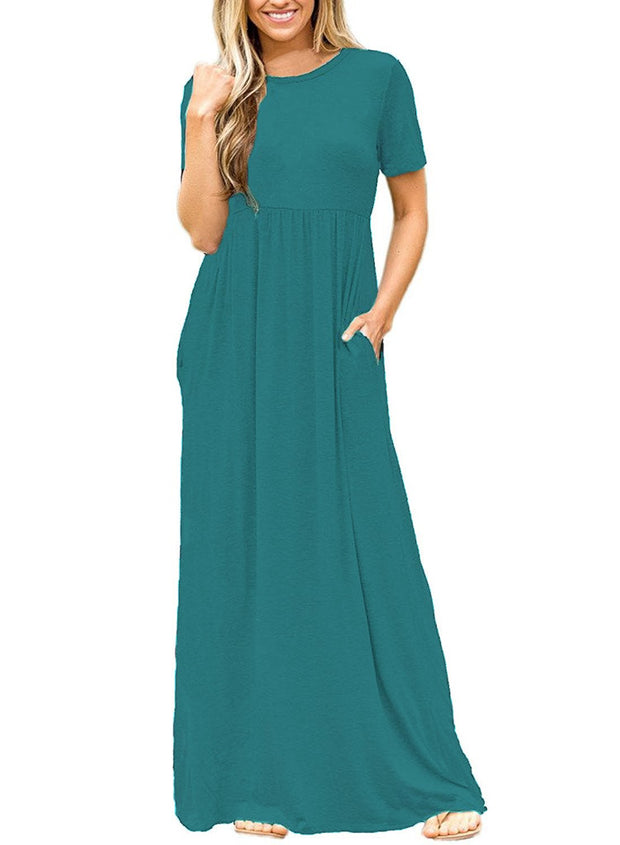 DEARCASE Maxi Dress for Women Black Medium Crewneck Short Sleeves Wedding Guest A-line Casual Party Vintage Spring Summer Beach Long Dresses with Pockets