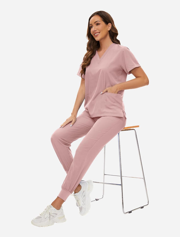 VIAOLI Scrubs for Women Set V-Neck Pocket Top & Drawstring Jogger Scrub Pants Stretch Nursing Scrubs Set Uniform