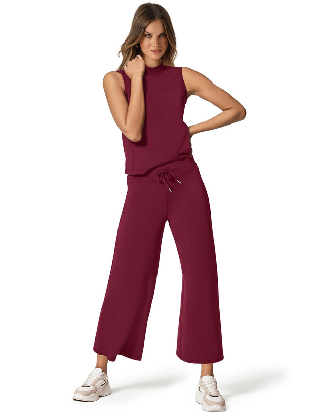 SAMPEEL Two Piece Sets for Women Summer Outfits Lounge Sets Mock Neck Tops Wide Leg Crop Pants Vacation Travel Outfits