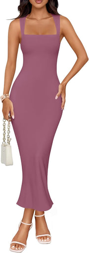 ZESICA Women's Summer Bodycon Midi Dress Sleeveless Square Neck Slim Fit Back Slit Long Cocktail Party Dresses