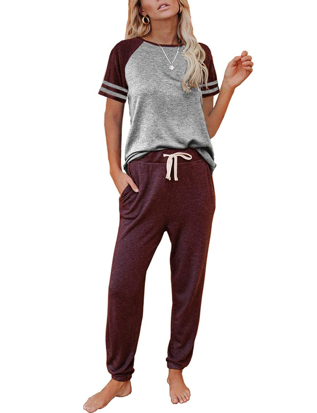 AUTOMET Lounge Sets For Women Two Piece Outfits Loungewear Short Sleeve Crewneck Jogger Pajama Set Sweatpants Tracksuit