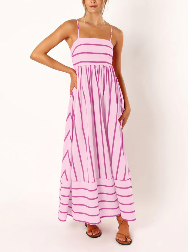 chouyatou Women's Striped Back Smocked Maxi Dress Sexy Spaghetti Strap Cut Out Flowy Swing Long Dress (Small, Apricot)