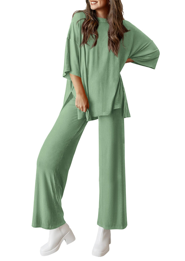 PRETTYGARDEN Women's 2 Piece Outfits Casual Short Sleeve Pullover Tops and Wide Leg Pants Lounge Sets Tracksuits