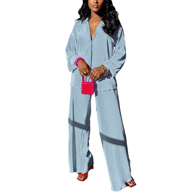 kaimimei Casual 2 Piece Outfit for Women - Linen Long Sleeve Button Down Shirt + Flare Pleated Wide Leg Pants Sets Streetwear