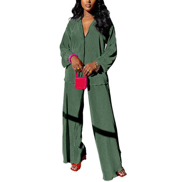 kaimimei Casual 2 Piece Outfit for Women - Linen Long Sleeve Button Down Shirt + Flare Pleated Wide Leg Pants Sets Streetwear