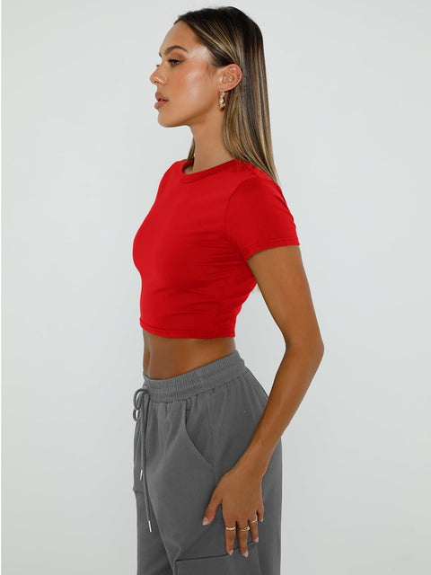 WYNNQUE Womens Crop Tops Cute Summer Scoop Neck Basic Tees Slim Fit Trendy Short Sleeve T Shirts for Teen Girls 2025