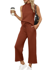 SAMPEEL Two Piece Sets for Women Summer Outfits Lounge Sets Mock Neck Tops Wide Leg Crop Pants Vacation Travel Outfits