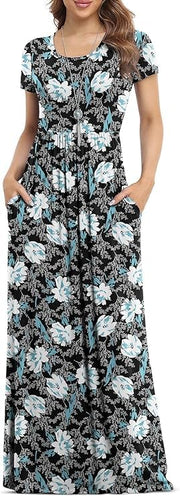 DEARCASE Maxi Dress for Women Black Medium Crewneck Short Sleeves Wedding Guest A-line Casual Party Vintage Spring Summer Beach Long Dresses with Pockets