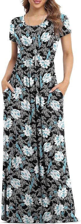 DEARCASE Maxi Dress for Women Black Medium Crewneck Short Sleeves Wedding Guest A-line Casual Party Vintage Spring Summer Beach Long Dresses with Pockets