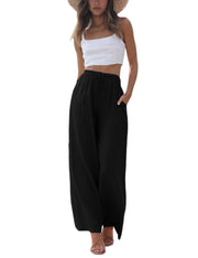 Faleave Women's Cotton Linen Summer Palazzo Pants Flowy Wide Leg Beach Trousers with Pockets