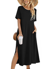 Zeagoo Women Long Sun Dress Summer T Shirt Dresses Beach Dress Casual Short Sleeve Tropical O Neck A Line Maxi Dresses Loose Side Slit Cover Up with Pockets 2025 Black XXL