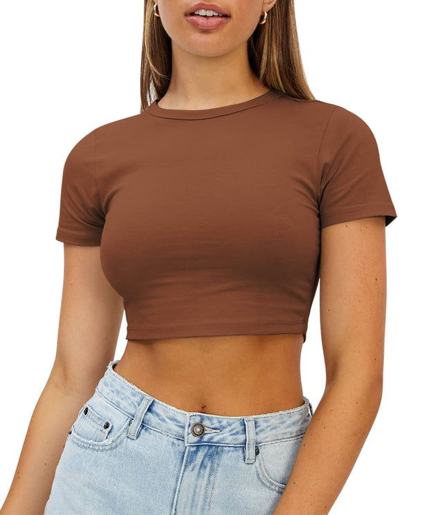 WYNNQUE Womens Crop Tops Cute Summer Scoop Neck Basic Tees Slim Fit Trendy Short Sleeve T Shirts for Teen Girls 2025