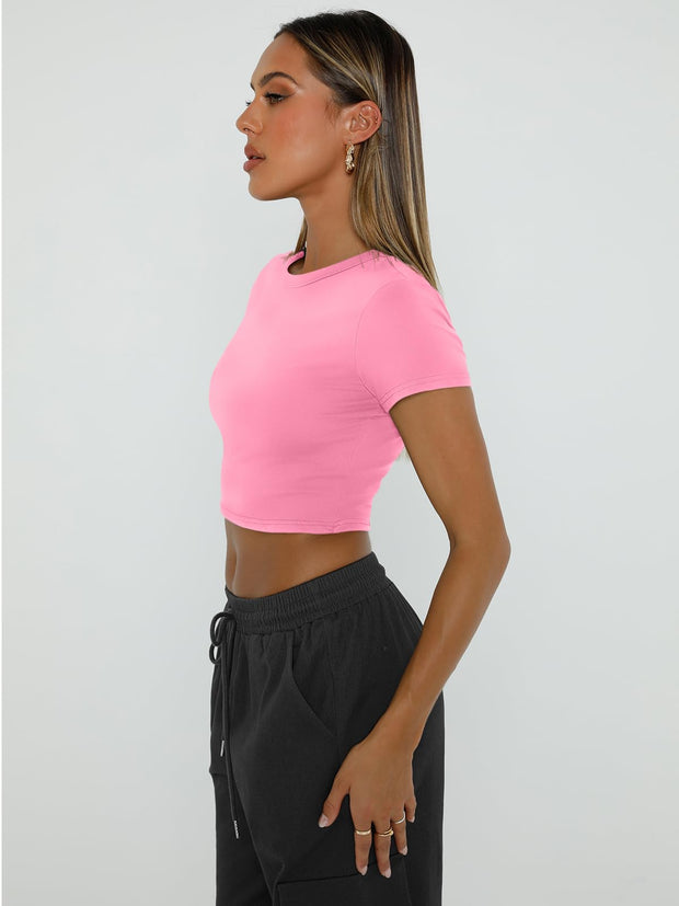 WYNNQUE Womens Crop Tops Cute Summer Scoop Neck Basic Tees Slim Fit Trendy Short Sleeve T Shirts for Teen Girls 2025