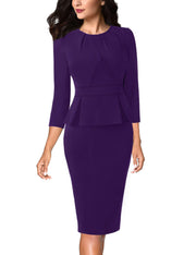 VFSHOW Womens Pleated Crew Neck Peplum Work Business Office Bodycon Pencil Sheath Dress