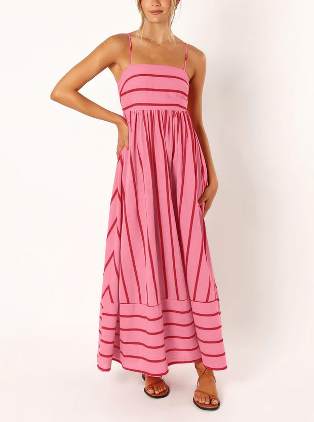 chouyatou Women's Striped Back Smocked Maxi Dress Sexy Spaghetti Strap Cut Out Flowy Swing Long Dress (Small, Apricot)