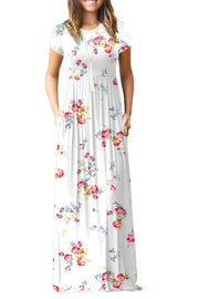 DEARCASE Maxi Dress for Women Black Medium Crewneck Short Sleeves Wedding Guest A-line Casual Party Vintage Spring Summer Beach Long Dresses with Pockets