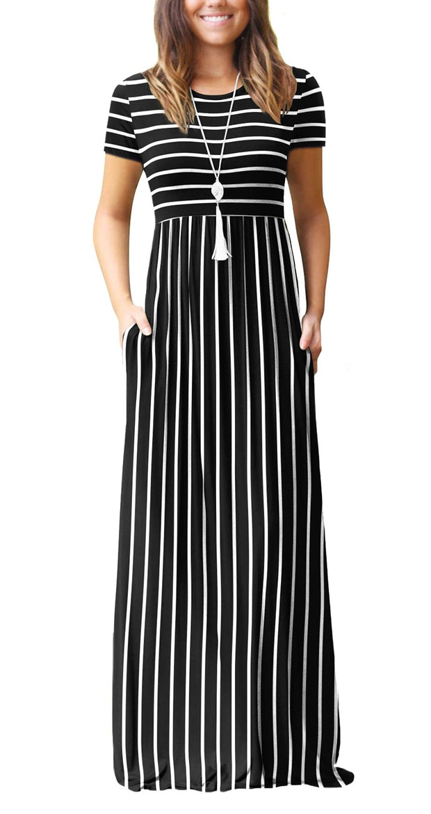 DEARCASE Maxi Dress for Women Black Medium Crewneck Short Sleeves Wedding Guest A-line Casual Party Vintage Spring Summer Beach Long Dresses with Pockets