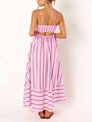 chouyatou Women's Striped Back Smocked Maxi Dress Sexy Spaghetti Strap Cut Out Flowy Swing Long Dress (Small, Apricot)