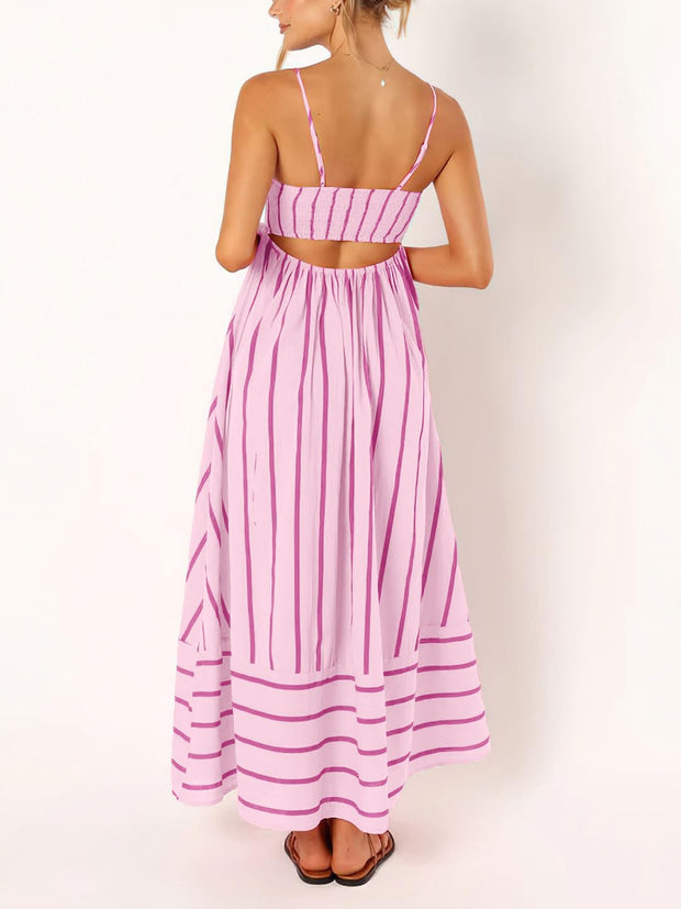 chouyatou Women's Striped Back Smocked Maxi Dress Sexy Spaghetti Strap Cut Out Flowy Swing Long Dress (Small, Apricot)