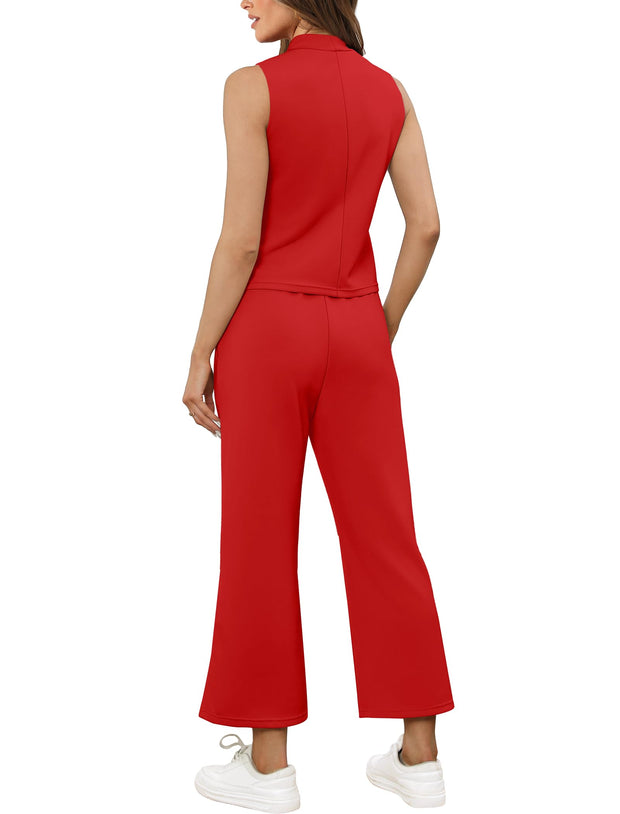 SAMPEEL Two Piece Sets for Women Summer Outfits Lounge Sets Mock Neck Tops Wide Leg Crop Pants Vacation Travel Outfits