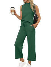 SAMPEEL Two Piece Sets for Women Summer Outfits Lounge Sets Mock Neck Tops Wide Leg Crop Pants Vacation Travel Outfits