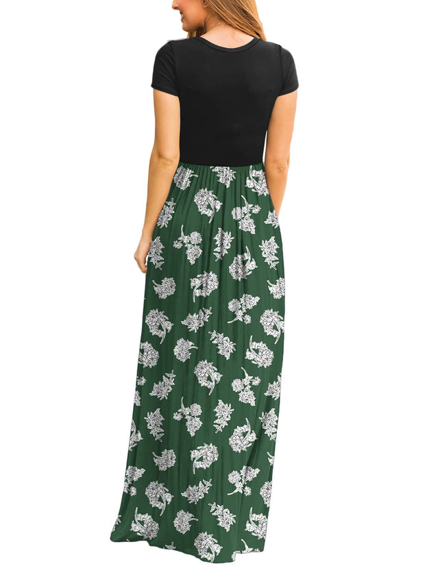 DEARCASE Maxi Dress for Women Black Medium Crewneck Short Sleeves Wedding Guest A-line Casual Party Vintage Spring Summer Beach Long Dresses with Pockets