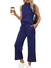 SAMPEEL Two Piece Sets for Women Summer Outfits Lounge Sets Mock Neck Tops Wide Leg Crop Pants Vacation Travel Outfits