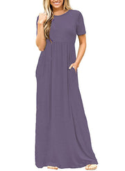 DEARCASE Maxi Dress for Women Black Medium Crewneck Short Sleeves Wedding Guest A-line Casual Party Vintage Spring Summer Beach Long Dresses with Pockets