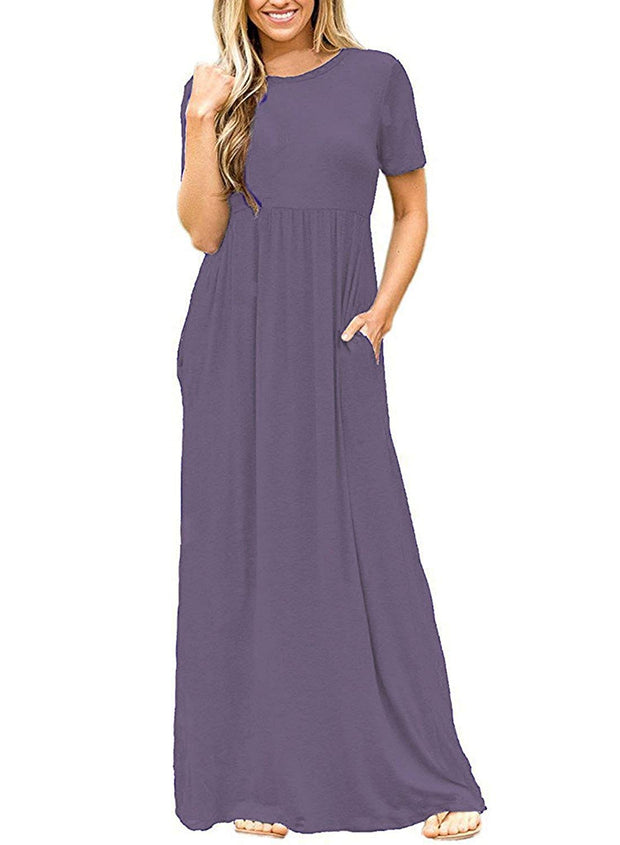 DEARCASE Maxi Dress for Women Black Medium Crewneck Short Sleeves Wedding Guest A-line Casual Party Vintage Spring Summer Beach Long Dresses with Pockets