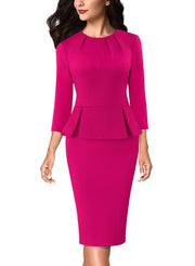 VFSHOW Womens Pleated Crew Neck Peplum Work Business Office Bodycon Pencil Sheath Dress